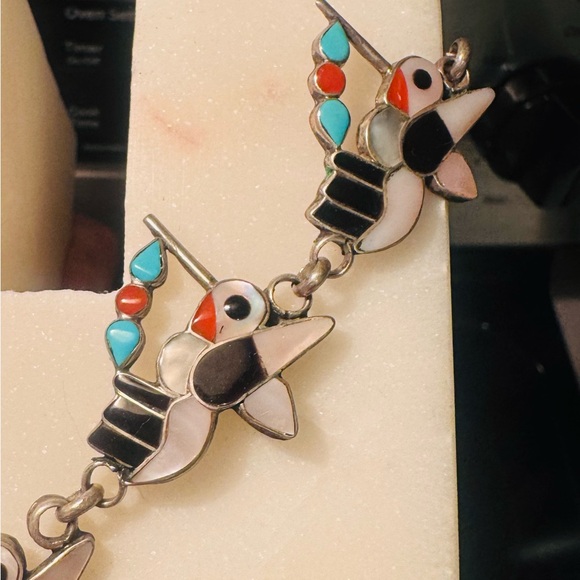 Native American Zuni Sterling Turquoise Multi Stone Inlay Hummingbird Necklace - Picture 2 of 4